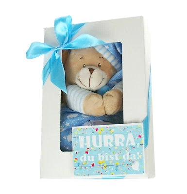 DUBISTDA-WINDELTORTEN- SPIELUHR TEDDYBÄR in Geschenkbox blau | Baby Geschenk zur Geburt Babyparty