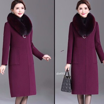 Plus Size Womens Real Fox Fur Collar Mid Long Trench Coat Wool Cashmere Overcoat