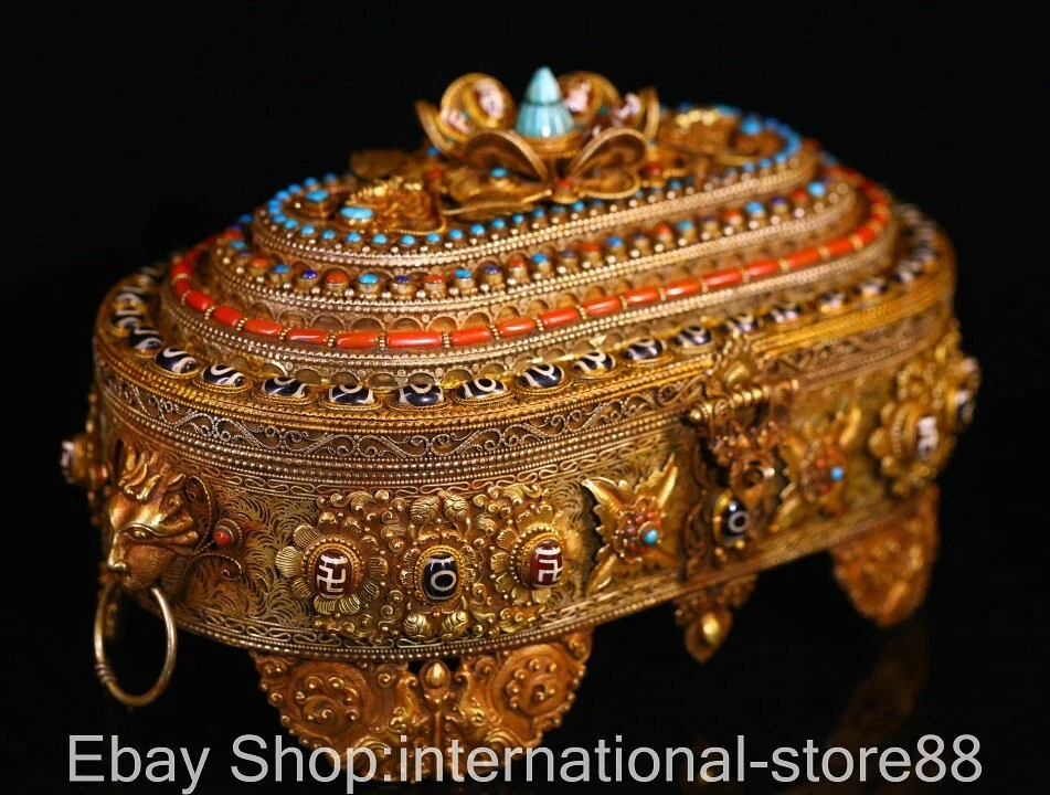 Antigua caja de 12" con incrustaciones de plata de filigrana china Tianzhu Dzi con patrón de flores Foto 2 de 4