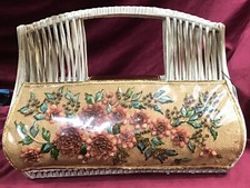 vintage 40s 50s Straw Wicker Bag Floral Shell Straus World Florida Purse Rattan