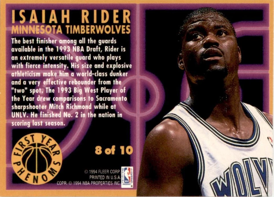 1993 Fleer First Year Phenoms #8 Isaiah Rider Minnesota Timberwolves - Image 2 of 2