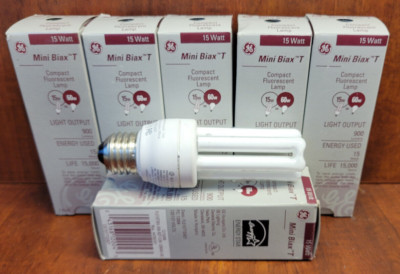 6 Pack, GE 12004 Mini Biax T 15W E26 Compact Fluorescent Lamp 2700K Screw Base
