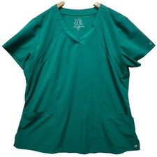 Barco One Womens V-Neck Scrub Top Short Sleeve Sz XL Teal Green Stretch Pockets