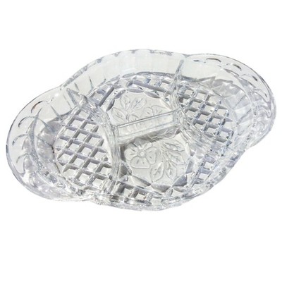 Diamond Cut Divided Dish Glass Serving Platter Plate Dogwood Flower Oval Vintage