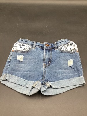 Soho Blue Kids' Size 6X Distressed Denim Shorts with Crochet Lace Pocket Accents