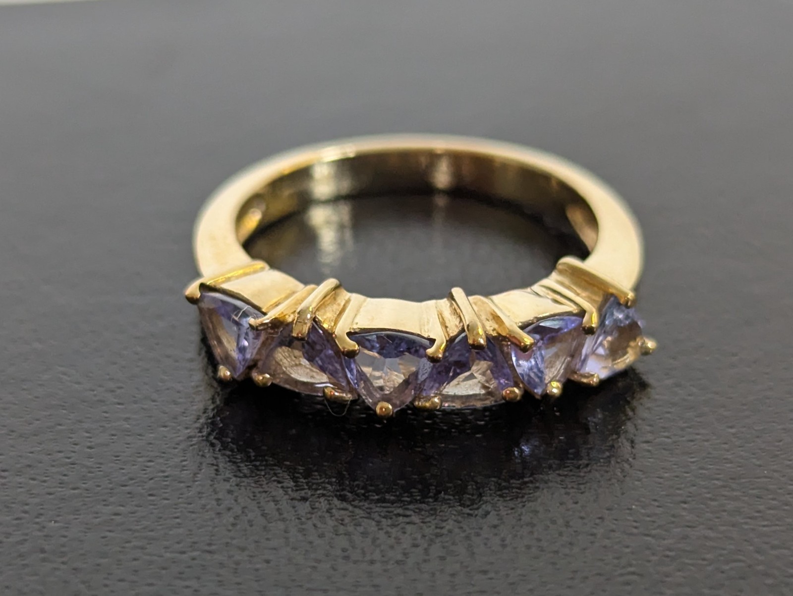 9ct Yellow Gold Ring Tanzanite Trillion Cut Stones Solid Band Hallmark Size N image 2