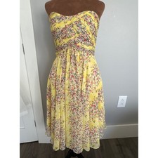 Allure Bridals Yellow Floral Ruched Strapless Chiffon Midi Dress Size 6XL