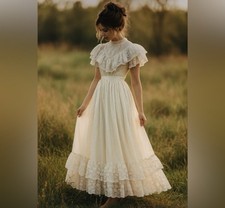 Vintage Gold Bell Ivory Lace Maxi Dress Romantic Cottagecore Prairie Gown