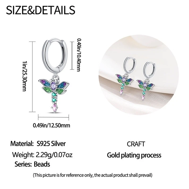 PANDACH 925 Sterling Silver Tiny Dragonfly Drop Earrings For Women Mini Hoops - Image 3 of 4