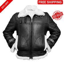 Giubbotto Bomber Uomo Geniune Pelle di Agnello Nero B3 RAF Shearling Natale UK