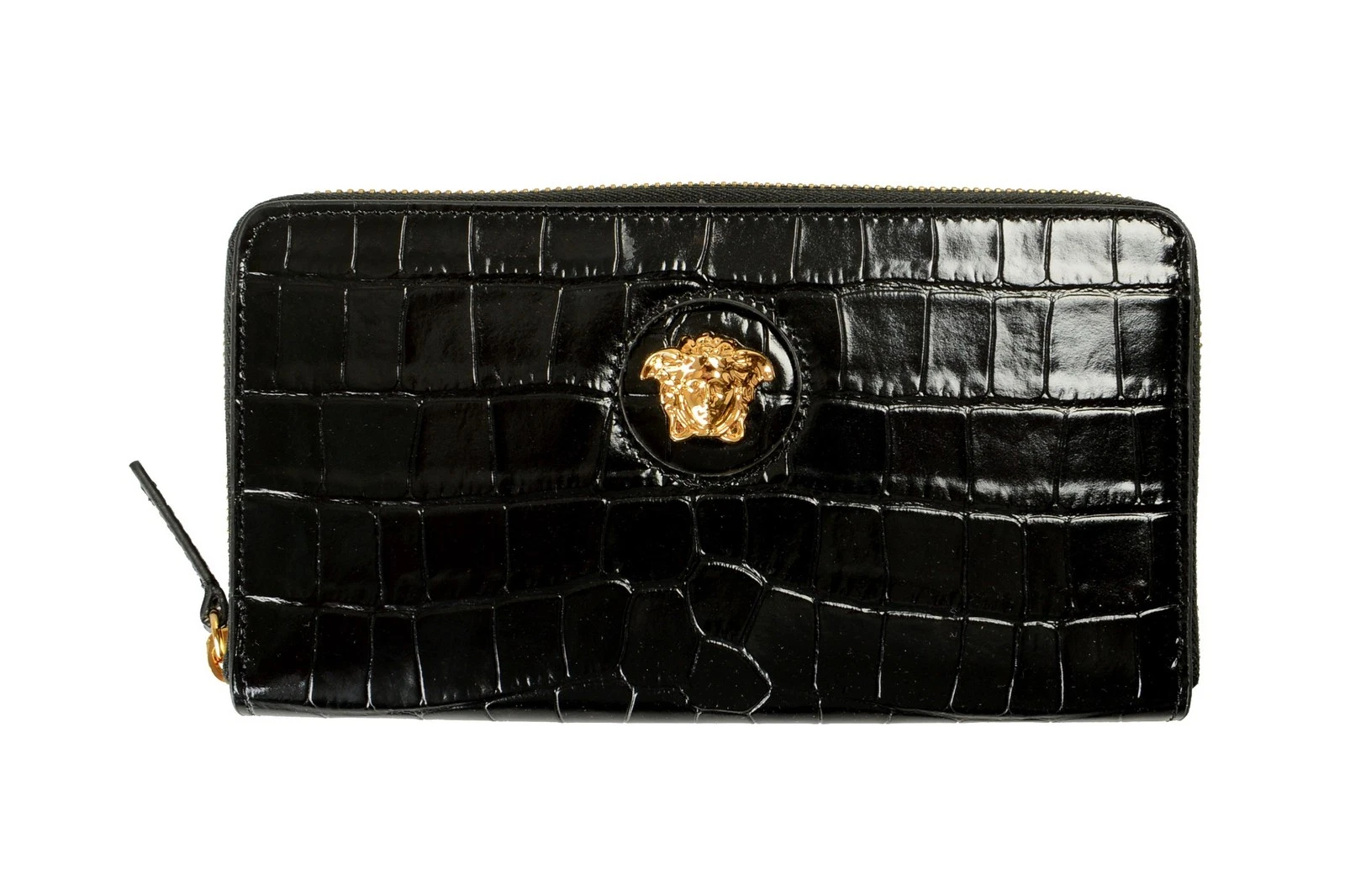 Versace — Versace Women's 100% Leather Croc Print Gold Medusa Head Zip Around Wallet