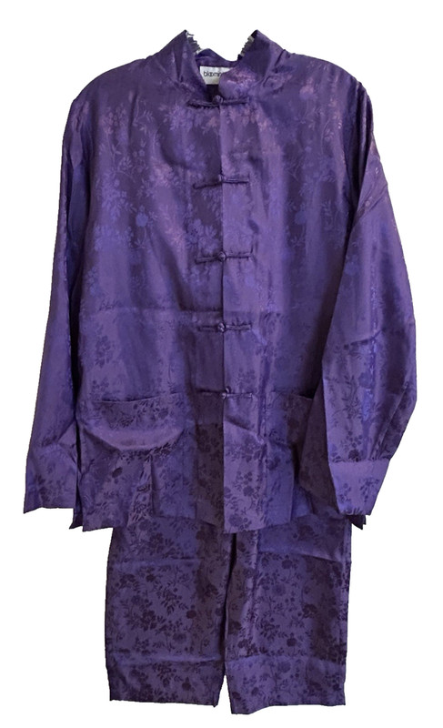 Vtg BLOOMINGDALES Womens Size S Asian Style Pajama Set Purple Floral Jacquard