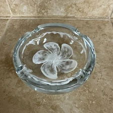 Clear Glass Ashtray with white Floral design inside,  Circumference 5.5” Heavy