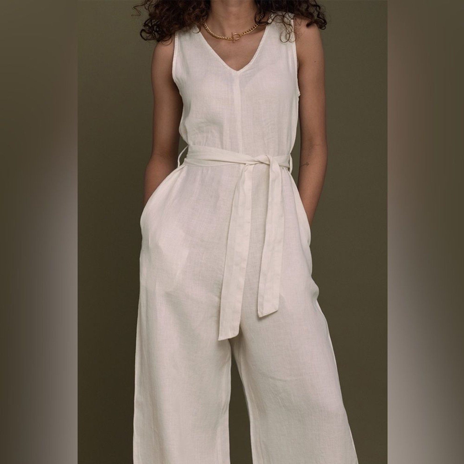 REISTOR SIZE XL2XL OFF WHITE BREAKFAST IN BED WIDE LEG 100% HEMP JUMPSUIT thumbnail 3