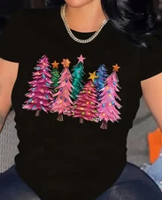 Women's Christmas T-Shirt - Pink Christmas Trees Graphic Printed Loose Fit Tee