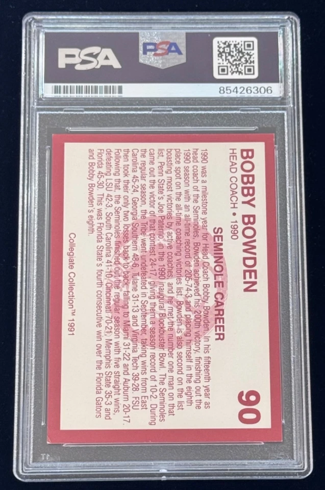 Bobby Bowden "1993 National Champions & HOF" Signed Rookie Card (RC) Auto PSA 10 - Image 2 of 2