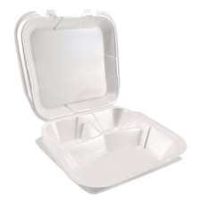 Plastifar 12083 9" x 10" x 3" 3-Comp Hinged Lid Containers - White (200/CT) New