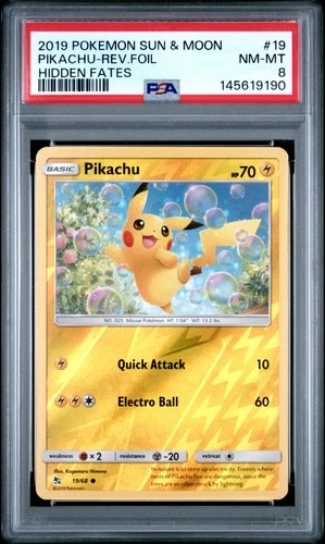 2019 POKEMON SUN & MOON HIDDEN FATES #19 PIKACHU-REVERSE FOIL PSA 8