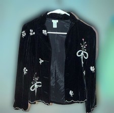 Anthropologie Odille Vintage Black Velvet Beaded Floral Bow Blazer Jacket