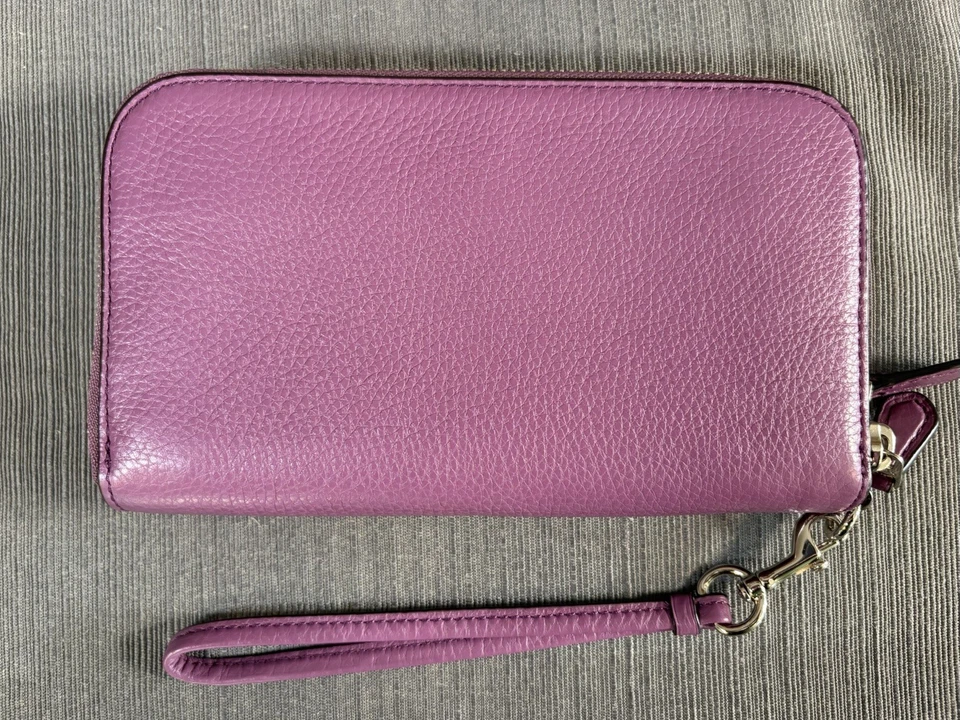 Cartera Muñequera Coach Doble Cremallera Alrededor Mujer Cuero Acordeón Púrpura Lila Foto 3 de 4