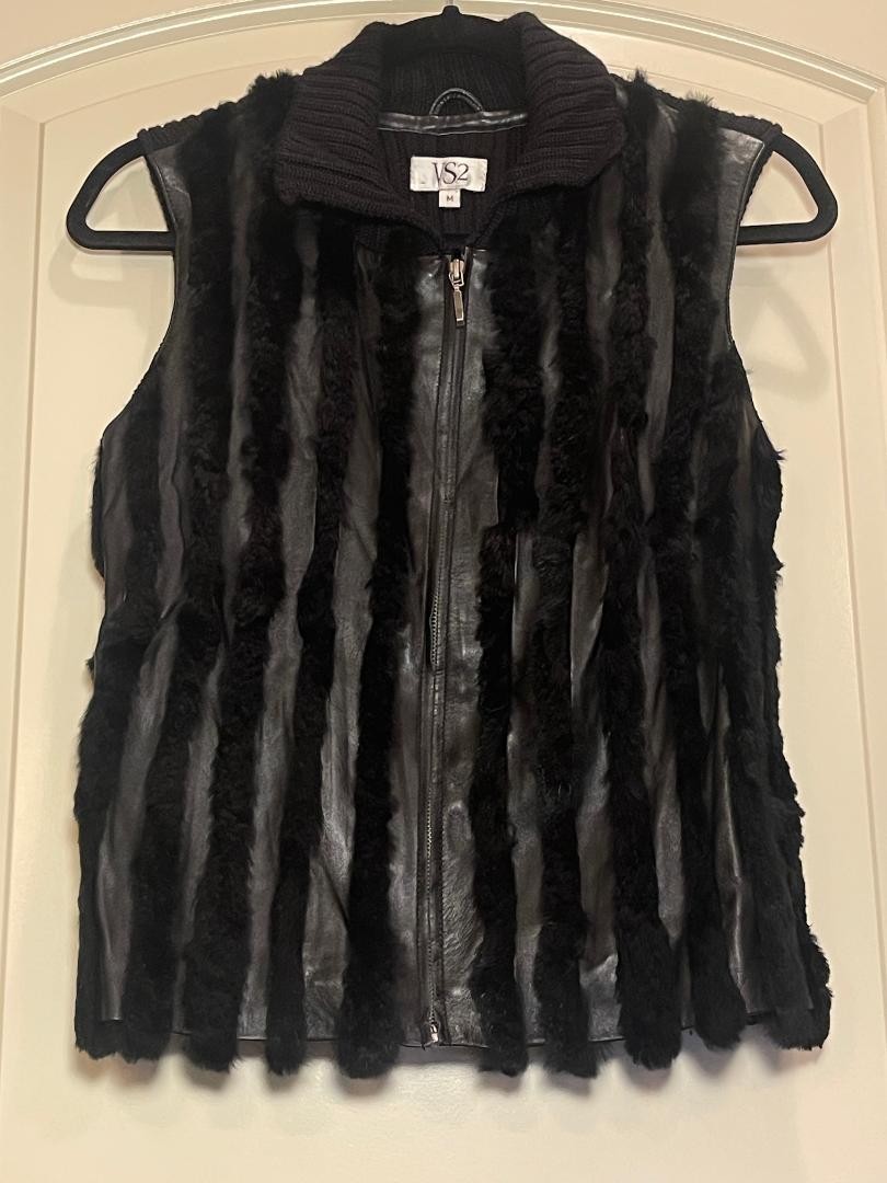 VS2 Womens Black Genuine Leather & Rabbit Fur Full Zip Vest Size Medium