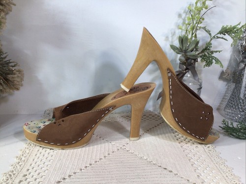 Sandali vintage CANDIES tacco alto slide~camoscio marrone ritagliato~taglia 6M~Made Italy - Foto 6 di 21