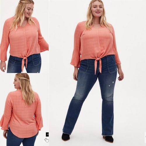 Torrid Sz 2 Coral Textured Gauzy Woven Tie Front Bell Sleeve V Neck Top US 18 - Picture 4 of 15
