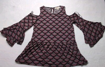 Michael Kors Cold Shoulder Long Sleeve Sweater Blouse Fan Pattern Ruffles Hem M