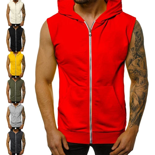 Gilet à capuche à fermeture éclair pour hommes sans manches débardeurs musculaires gymnastique fitness musculation ✧ - Photo 1/27