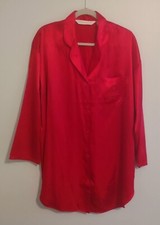 Vtg Victoria's Secret Satin Sleep Shirt Medium Red 1997 Long Sleeve Button Up