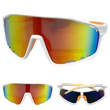 OVERSIZE WRAP AROUND Biker Cycling Shield SUNGLASSES Large White Frame Gold Lens