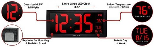Large 14.5" Digital LED Oversized Wall Clock w/ Date Temperature Fold-Out Stand - Picture 6 of 12