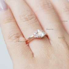 Oval Moonstone with Studded Diamonds Stack Wedding Ring in 14k Rose Gold Jewelry