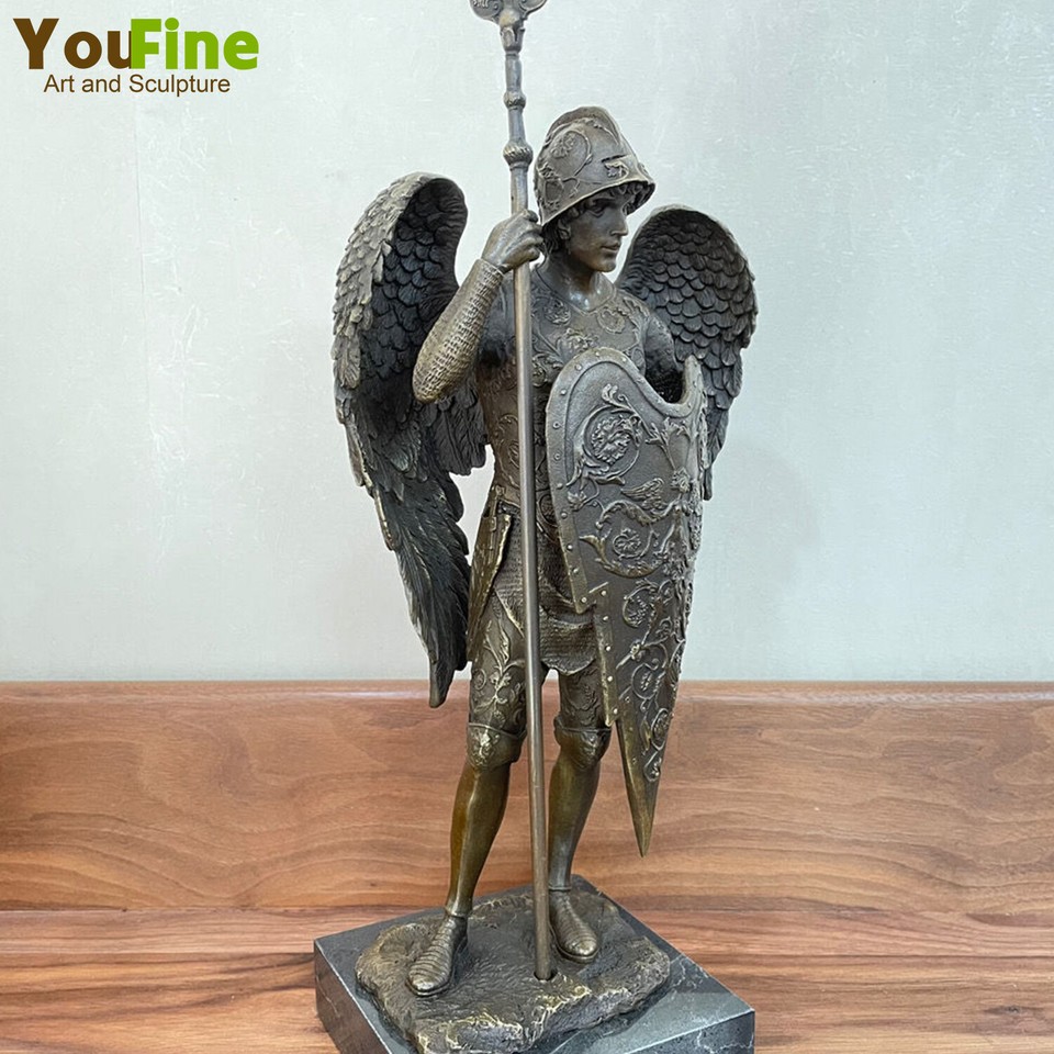 Bronze Warrior with Wings and Shield Sculpture Mythological Soldier Art