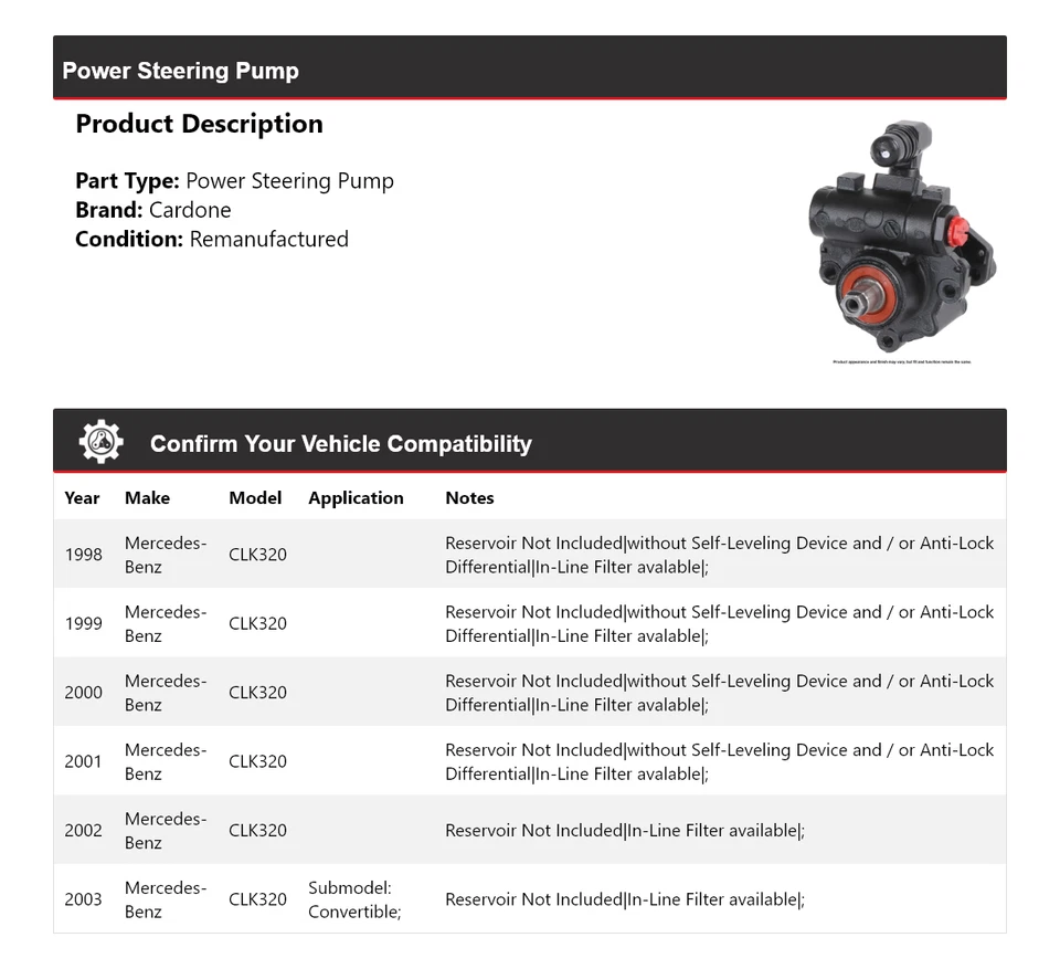 Bomba de dirección asistida Cardone para Mercedes-Benz CLK320 1998-2003 1999 2000 2001 Foto 2 de 4