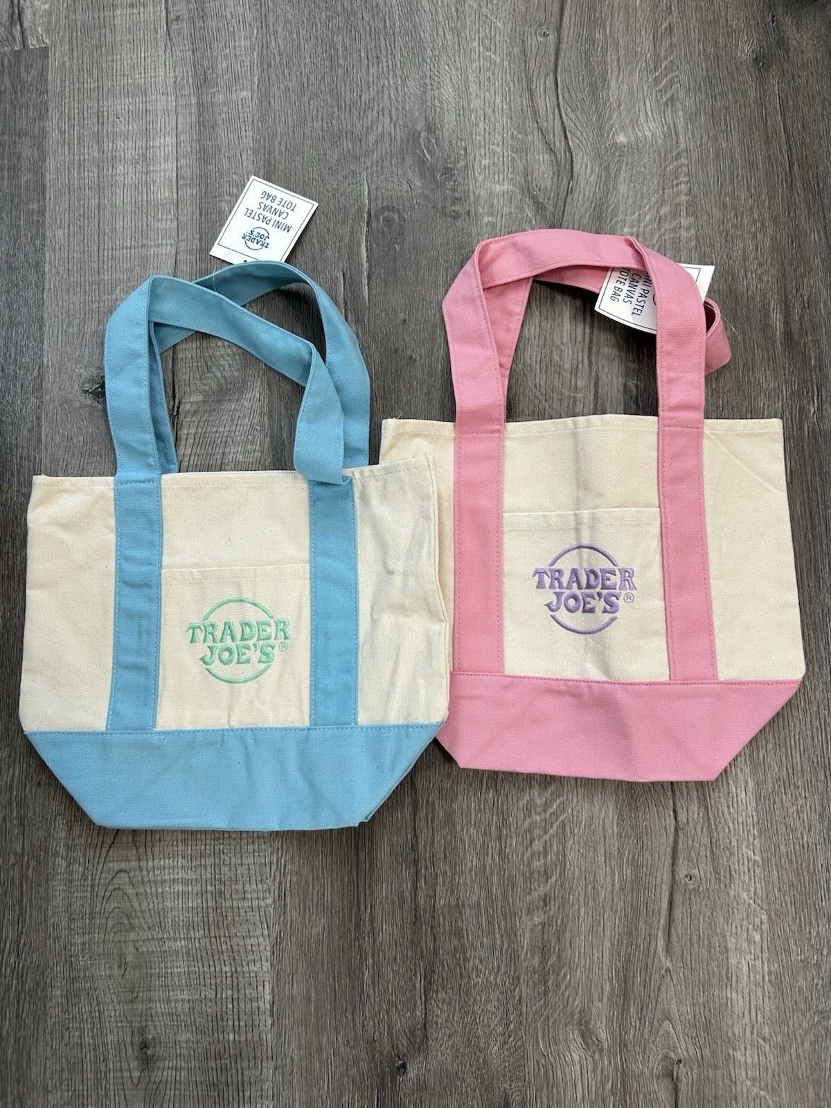 Trader Joe’s Mini Pastel Canvas Tote Bag Set Of 2 Pink & Blue NWT Fast Free Ship