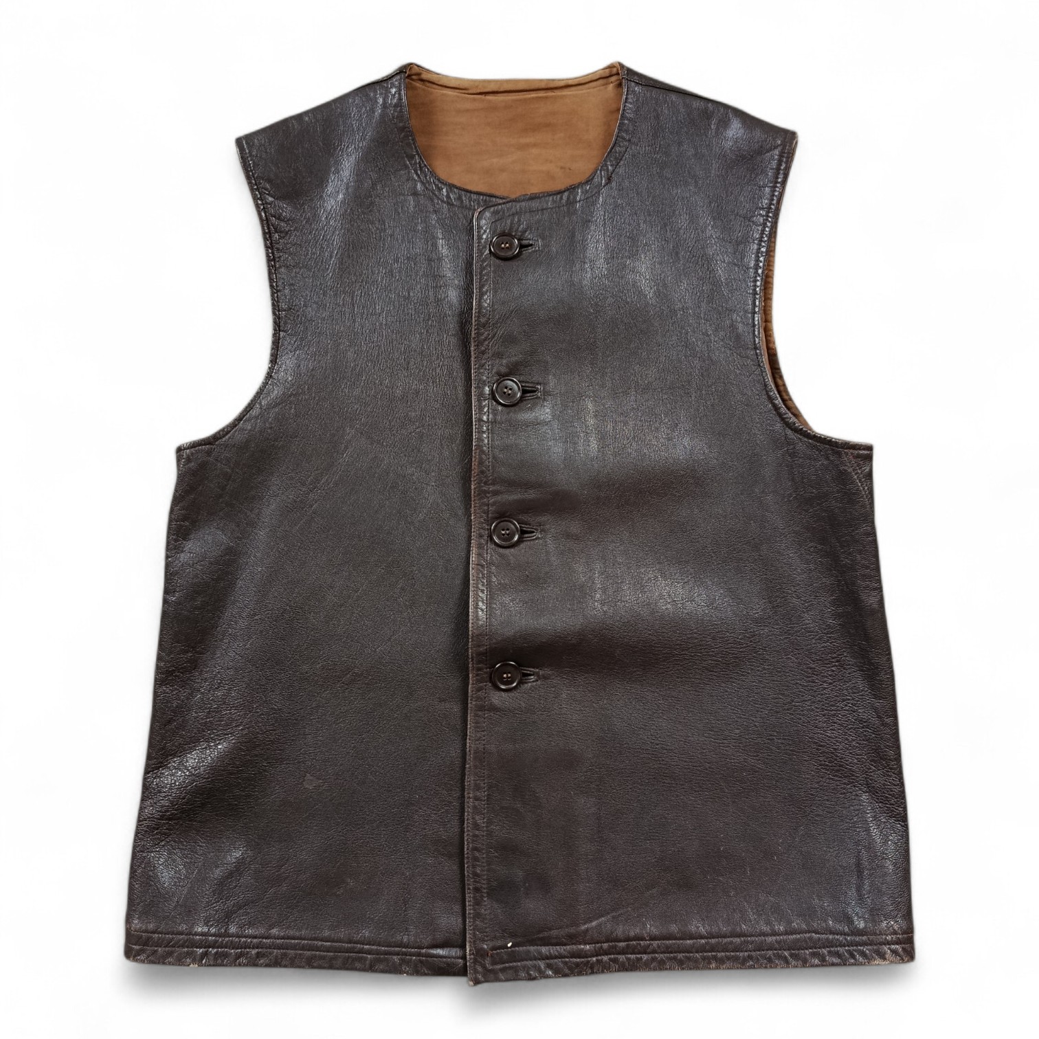 Vintage 1958 Dutch Army Leather Jerkin MvO Moleskine Lined Military Vest Sz 3-L