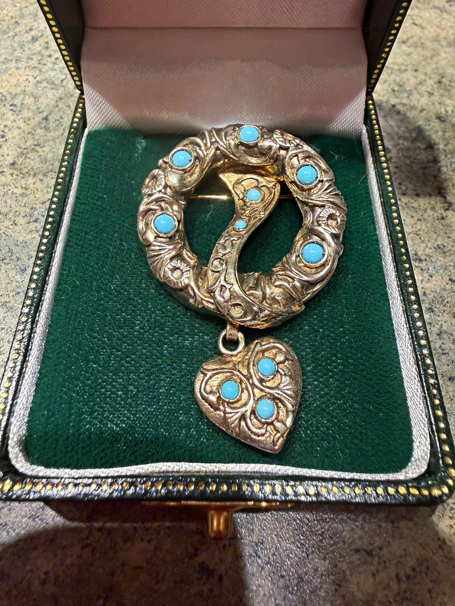Antique STERLING Silver Turquoise Horseshoe Brooch Heart Dangle Victorian