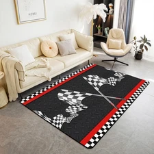 Race Car Themed Area Rug 5x7,Black White Grid Flag Non Slip ,Geometric Striped