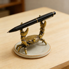 Hand-Polished Brass Weightlifting Crab Figurine Vintage Pen Rest Desk Ornament