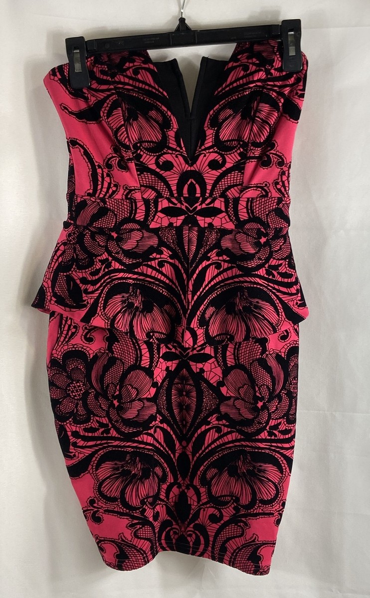 open lace back dress Vintage 1940s Black and Pink Rayon Peplum Dress