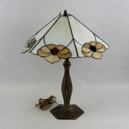 Vintage Lamp Bronze Tiffany Style Table Lamp Floral Stained Glass  Shade