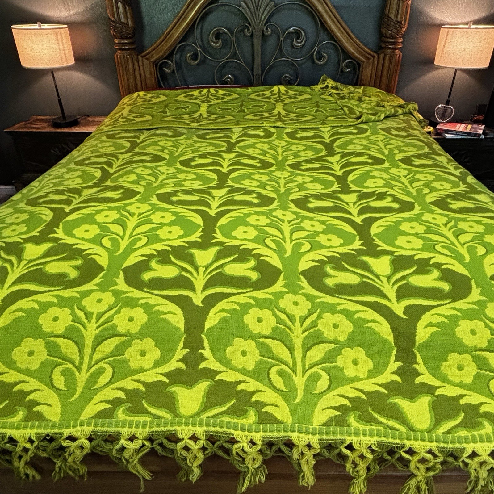 Vintage Jacquard Woven Bedspread Avocado & Lime Green Floral Boho Bates Style