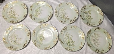 Antique - RARE -  CFH (OVER) GDM FRANCE  - Green Plate - Gilded - Plants  7-1/2''