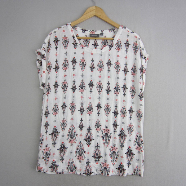 Sussan Top Womens 12 White Red Black Paisley Geometric Blouse Shirt Work Casual
