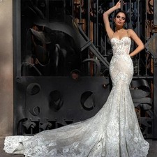Mermaid Tulle Appliques Wedding Dresses Sleeveless Lace Long Train Bridal Gowns