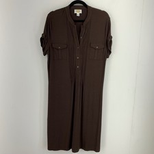 Talbots Womens 12 Earthy Minimalist Henley Pleated Pocket Shift Dress Vtg Safari