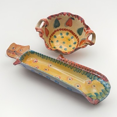 Vtg Italy Italics Ars Pottery Cat Serving Tray Plate & Serving Bowl Hand Painted