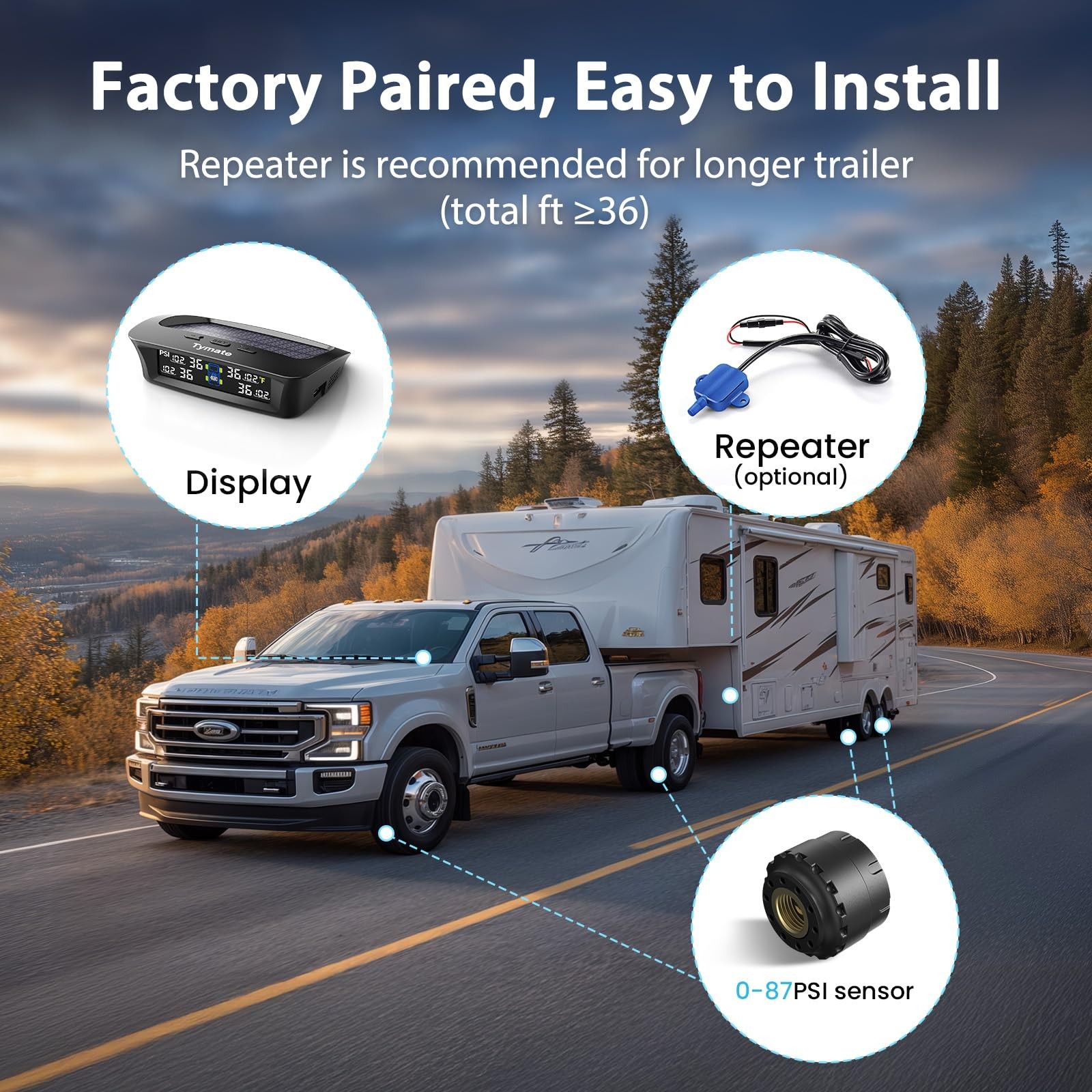 TPMS Tire Pressure Monitor System with Solar Charge & 4 Sensors 2024