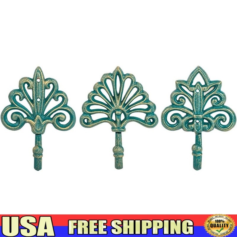 Rustic Cast Iron Wall Hooks Set of 3 Decorative Vintage Home Organizer New
